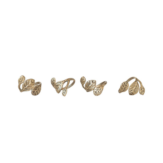 Brass Leaf Shaped Napkin Rings with Leather Tie, Set of 4