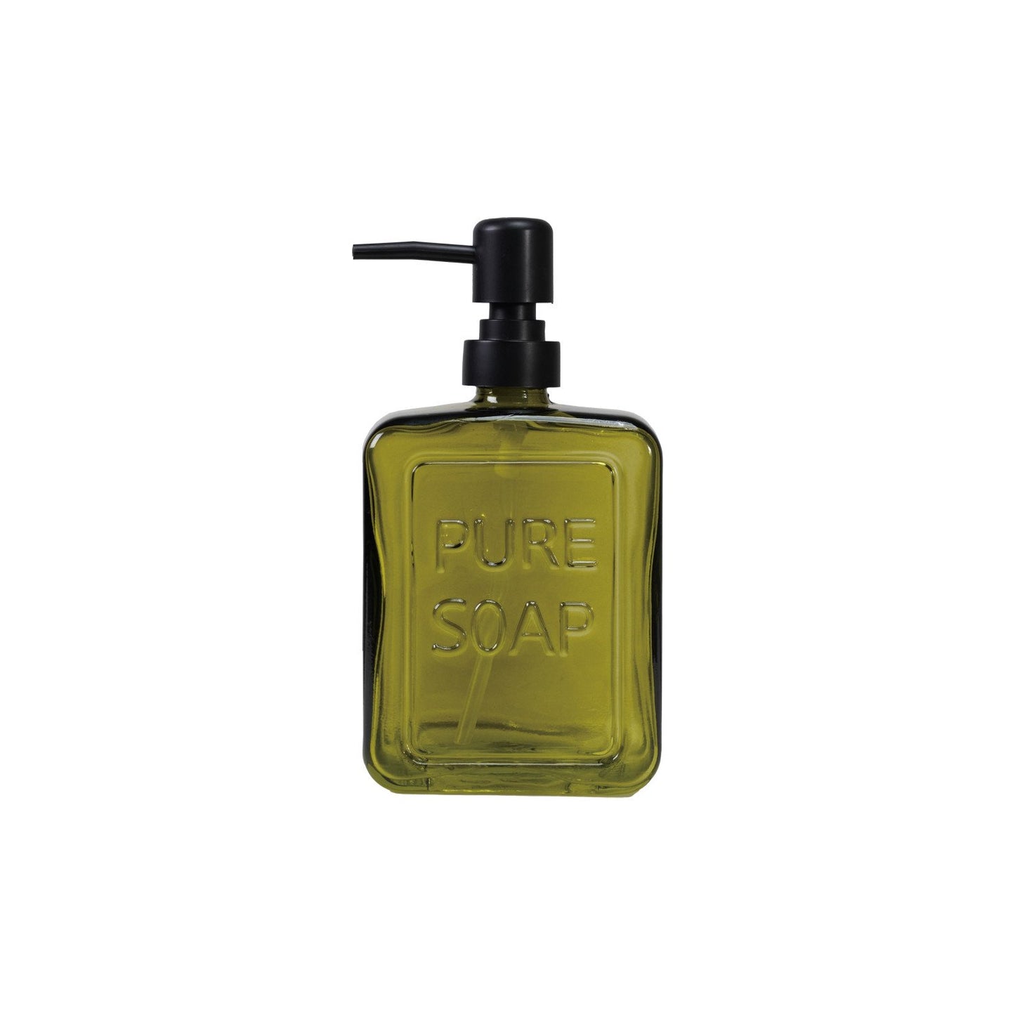 Pressed Glass Soap Dispenser with Pump "PURE SOAP", Olive Color