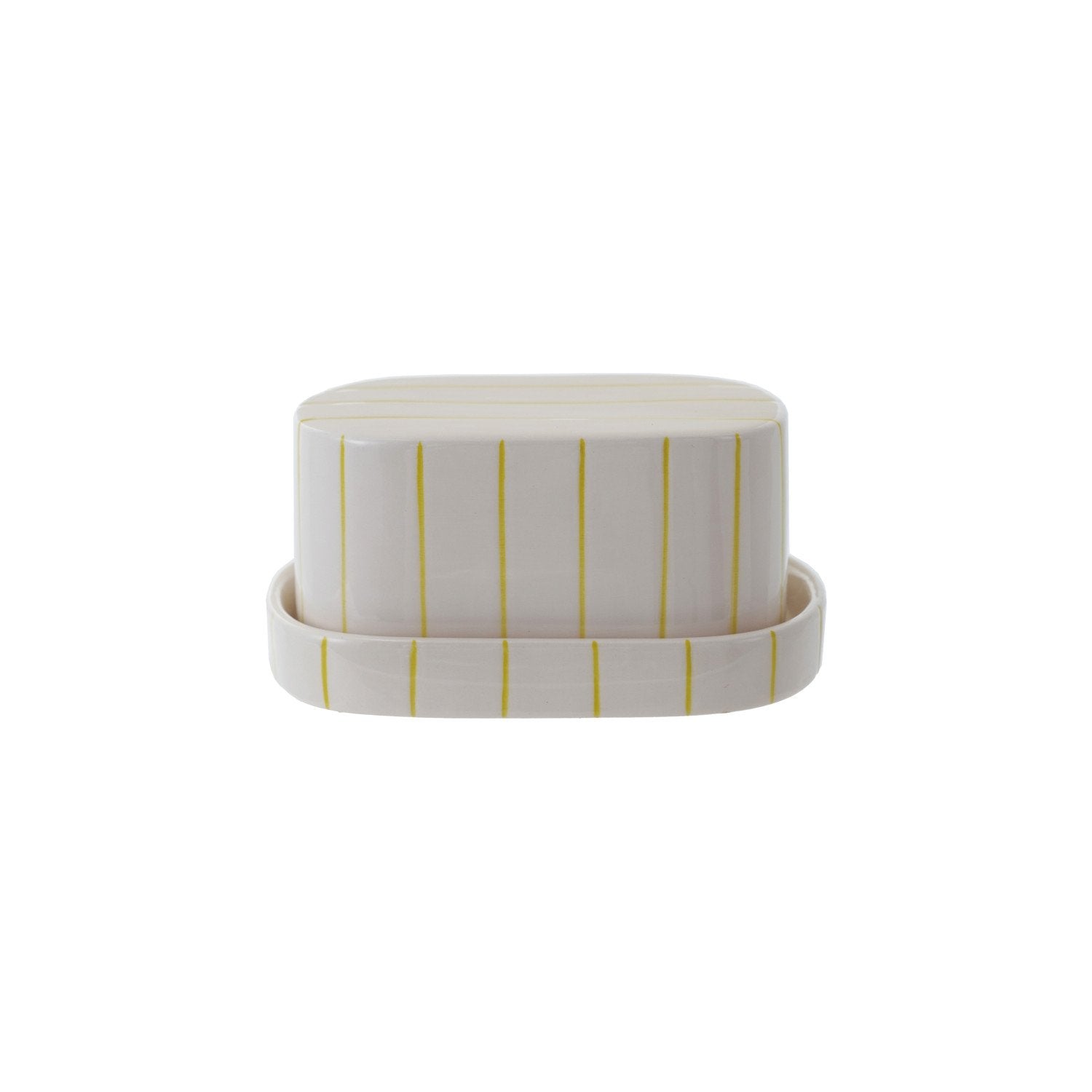 Hand-Painted Stoneware Striped Butter Dish, White & Citron Color