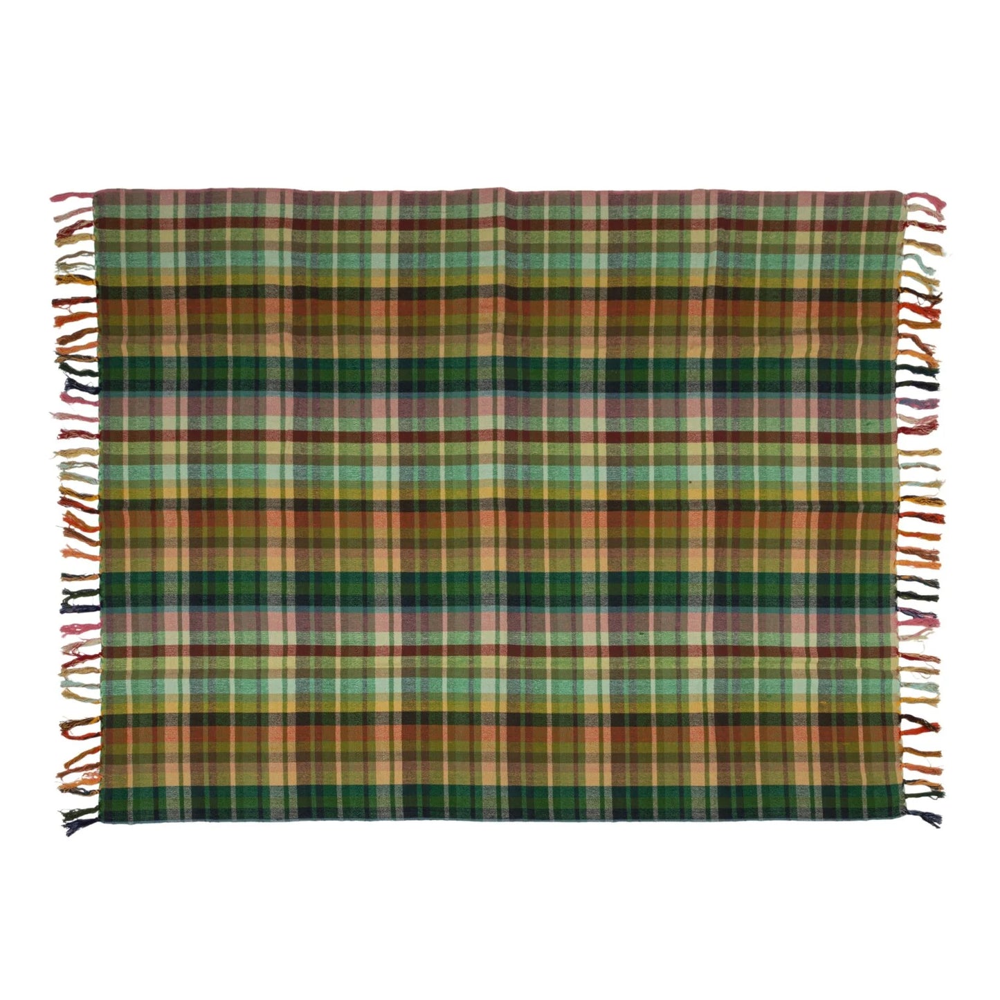 Woven Cotton Throw with Pattern & Fringe Plaid