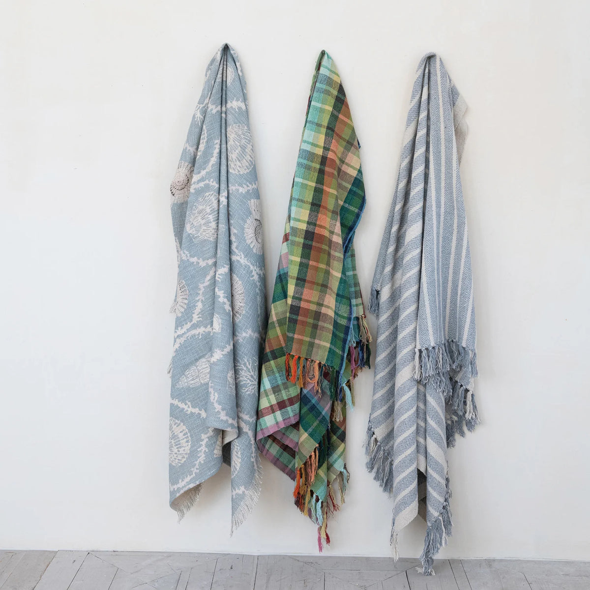 Woven Cotton Throw with Pattern & Fringe Plaid