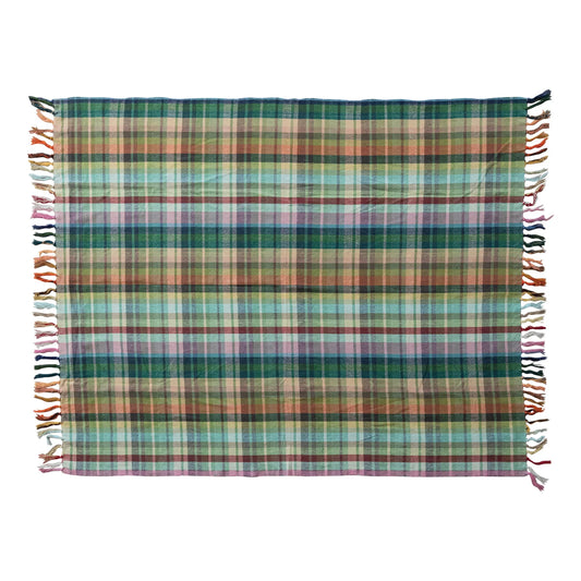Woven Cotton Throw with Pattern & Fringe Plaid