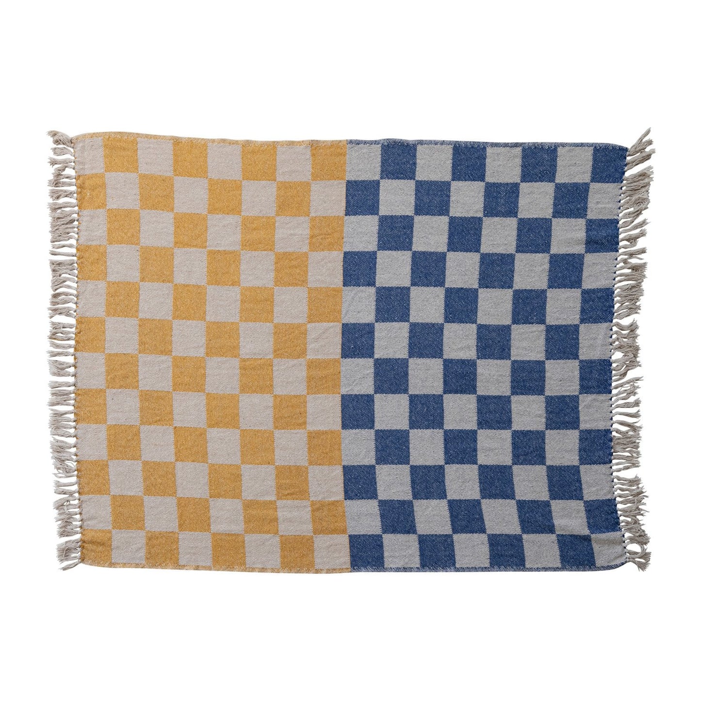 Woven Recycled Cotton Blend Throw with Check Pattern & Fringe