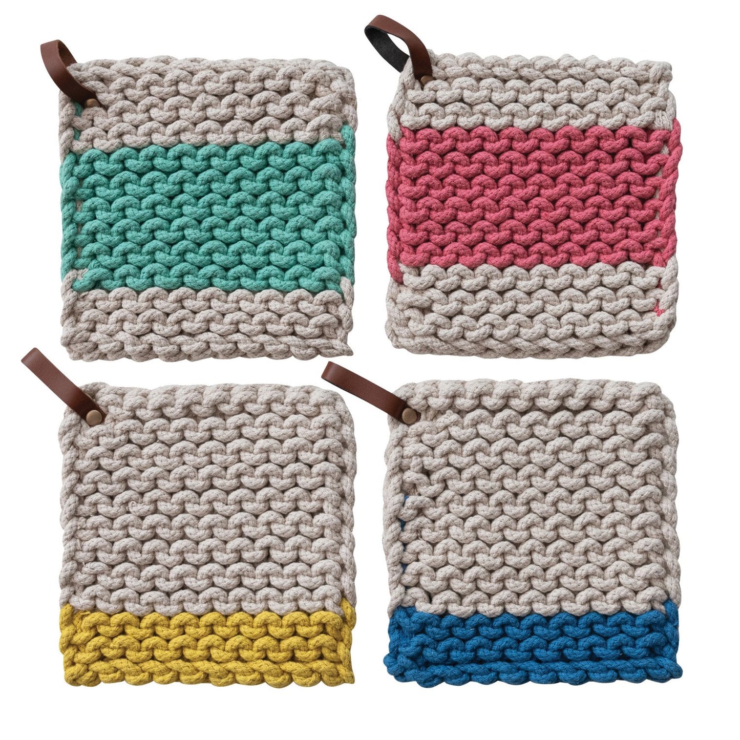 Cotton Crocheted Pot Holder with Leather Loop, 4 Colors