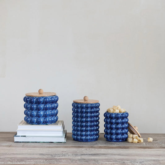 Stoneware Canister with Raised Dots and Wood Lid
