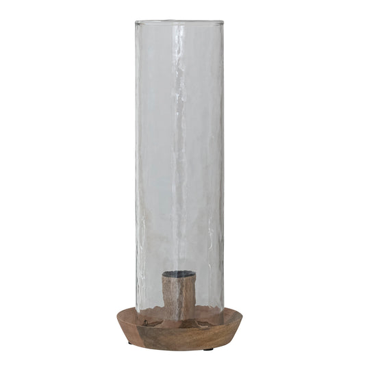 Mango Wood Taper Holder with Hammered Glass Hurricane