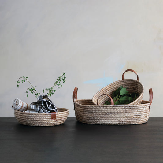 Hand-Woven Seagrass & Water Hyacinth Baskets with Faux Leather Handles, Set of 2