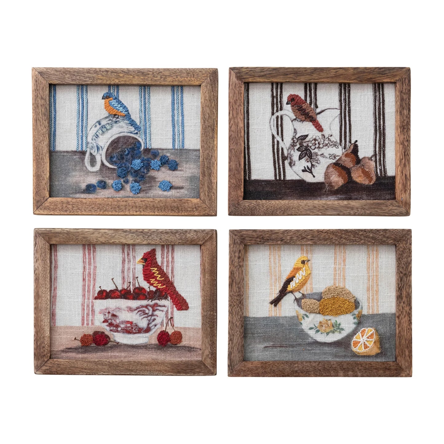 Wood Framed Cotton Embroidered Wall Decor with Bird on Dish, 4 Styles