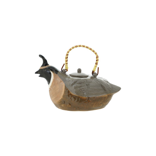 Hand-Painted Stoneware Quail Shaped Teapot with Rattan Wrapped Handle