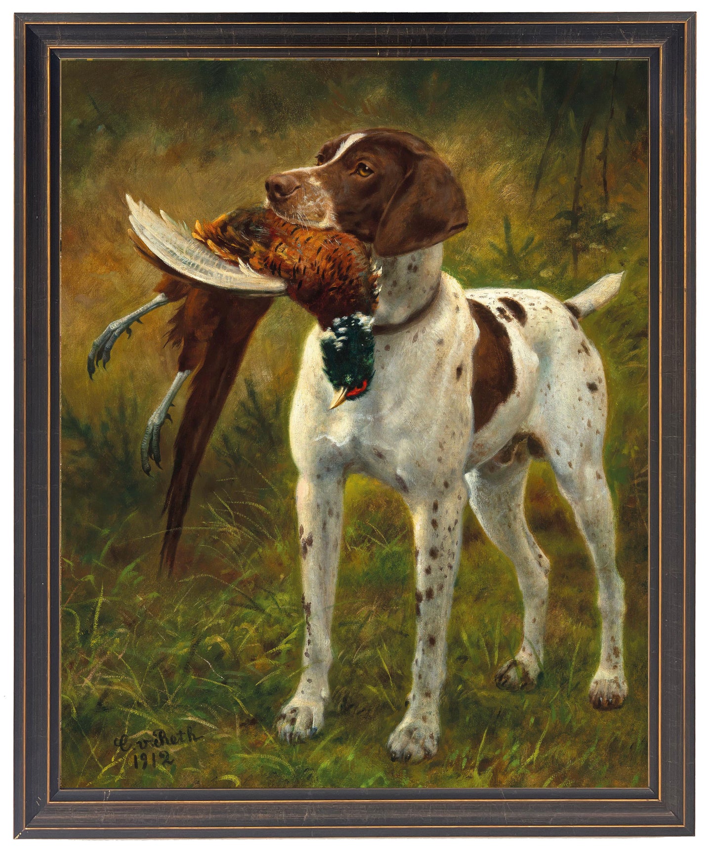 Framed Vintage Dog with Pheasant Oil Portrait Reproduction