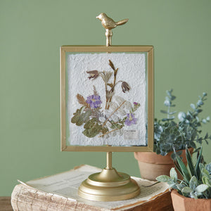 Gilded Pressed Botanical Stand - Larkspur and Strawberry Leaf