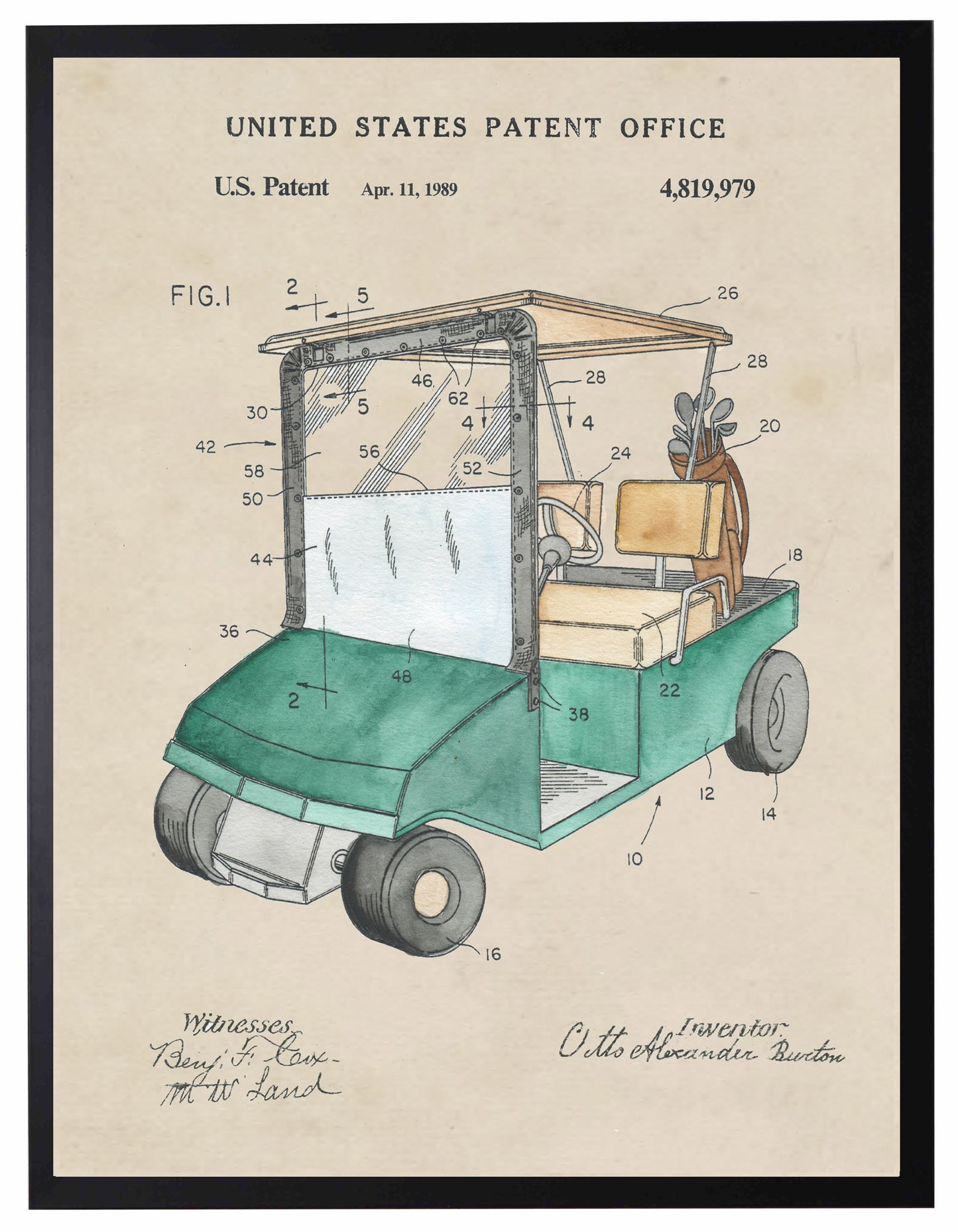 Framed Watercolor Golf Cart Patent