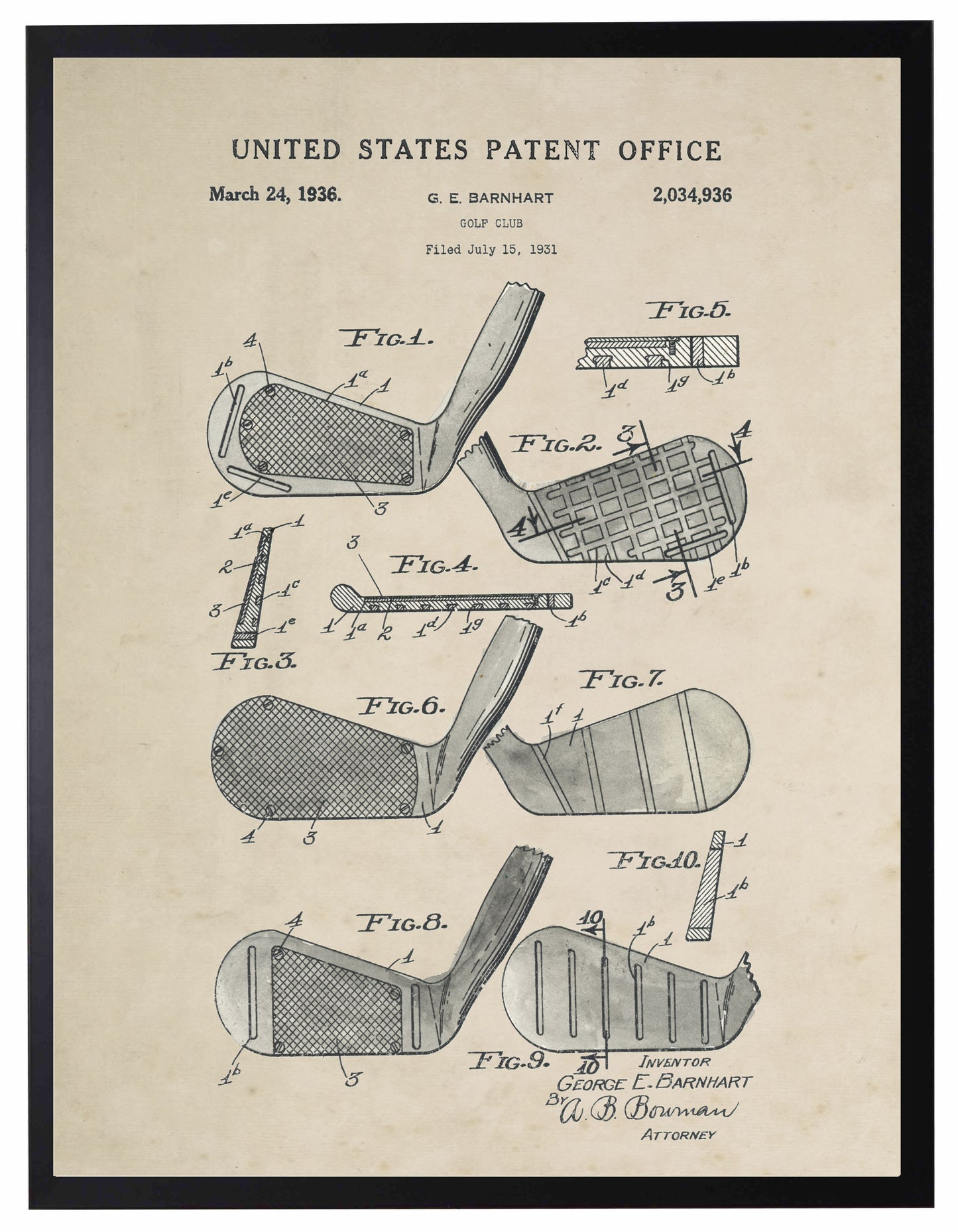 Framed Watercolor Golf Iron Patent on Distressed Background