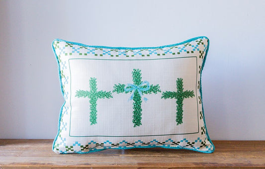 Boxwood Crosses with Blue Bow Pillow