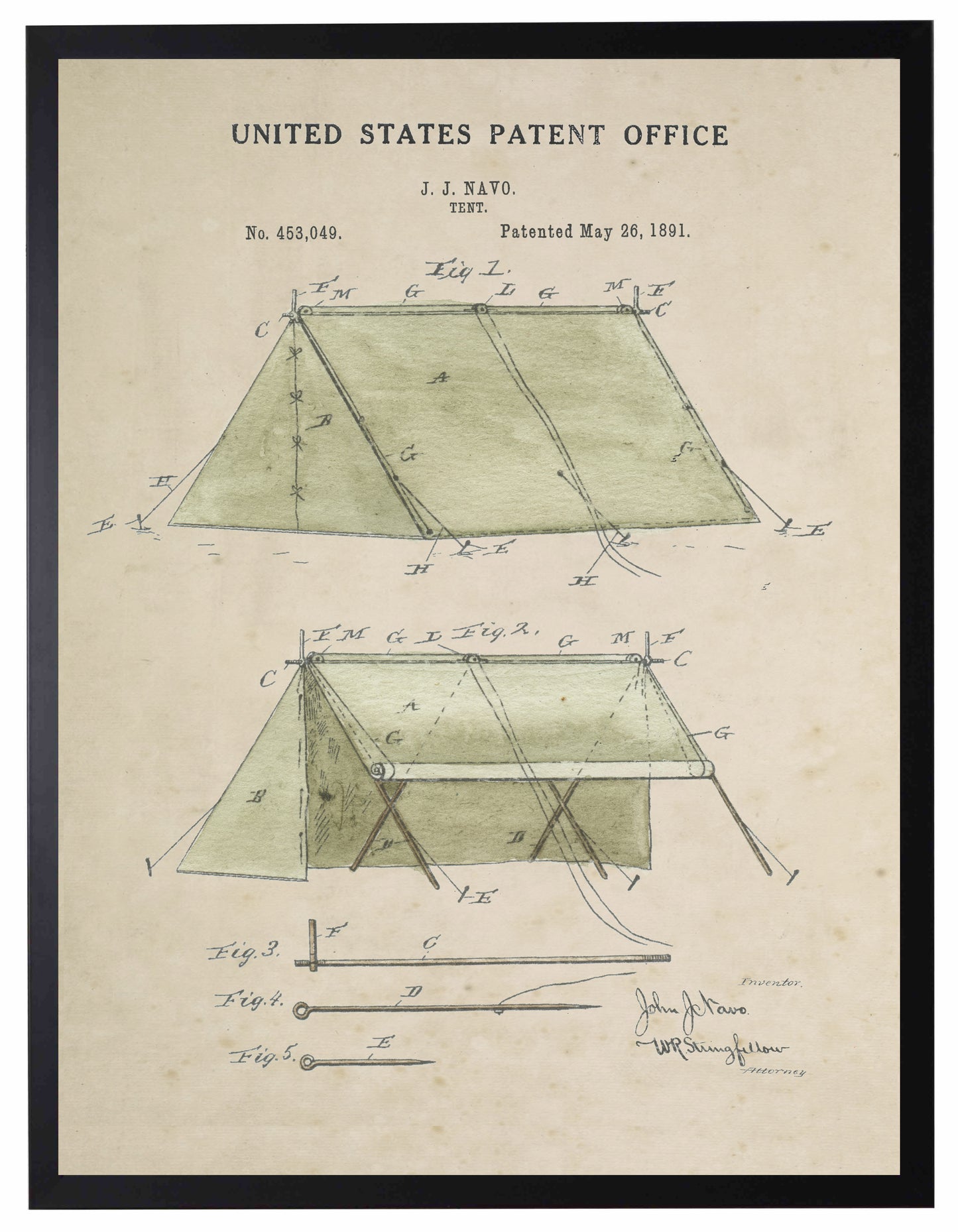 Framed Watercolor Green Camping Tent Patent