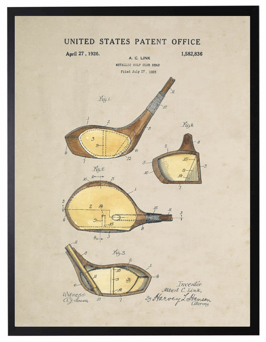 Framed Watercolor Golf Woods Patent on Distressed Background