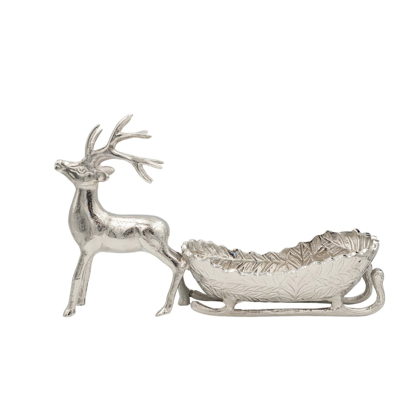 Cast Aluminum Reindeer with Sleigh Shaped Dish, Silver Finish
