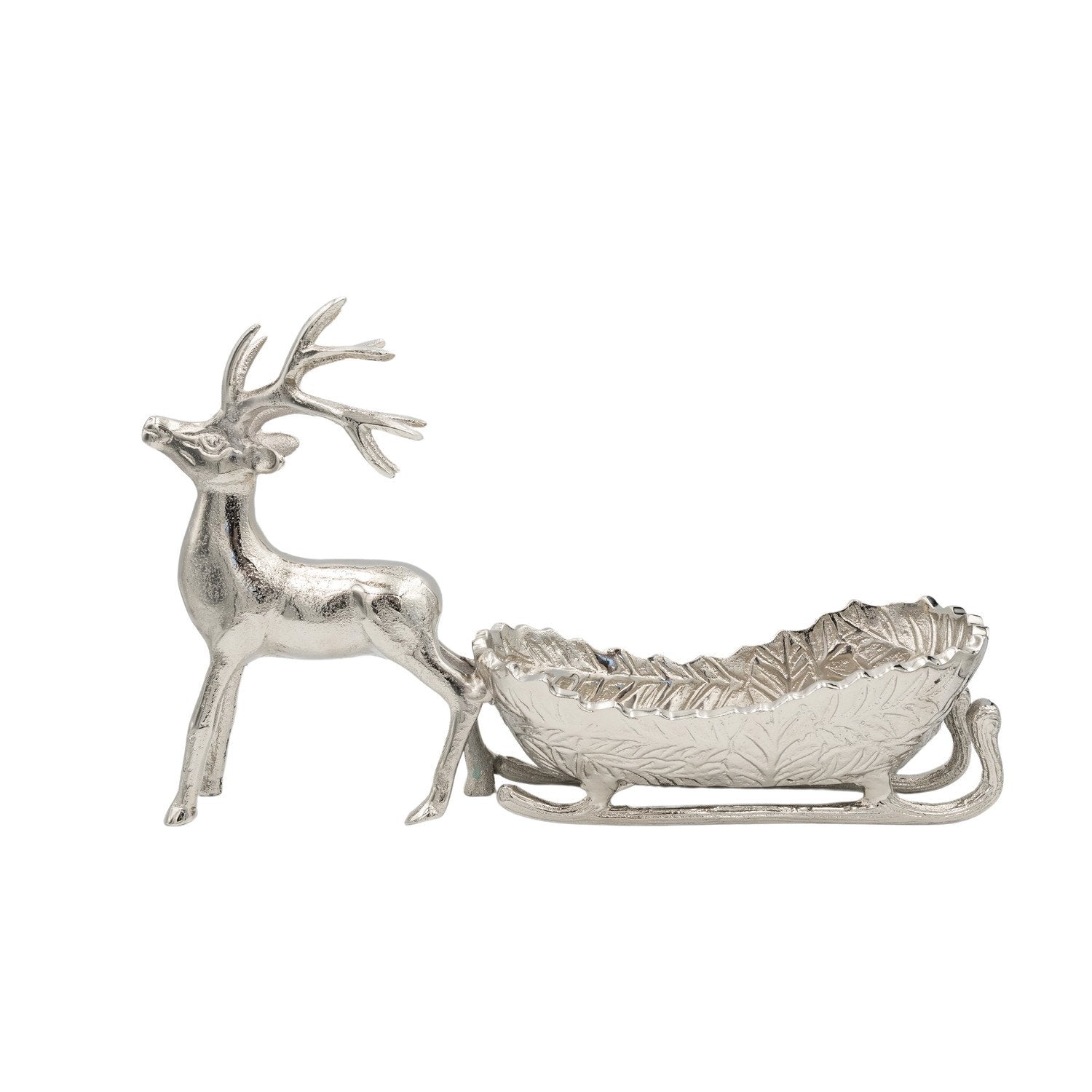 Cast Aluminum Reindeer with Sleigh Shaped Dish, Silver Finish