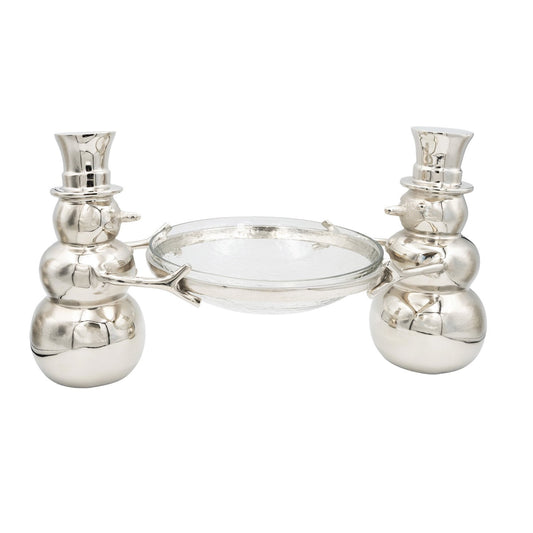 Cast Aluminum Snowmen Holding Hammered Glass Bowl, Set of 2
