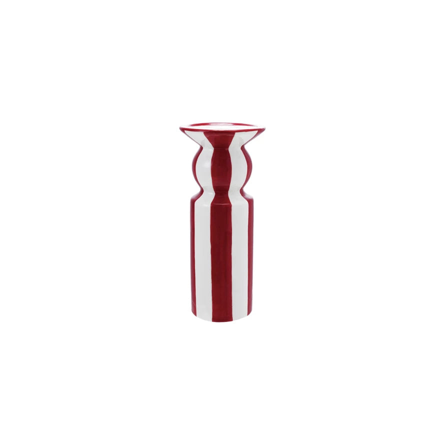 Hand-Painted Ceramic Red & White Striped Taper Holder