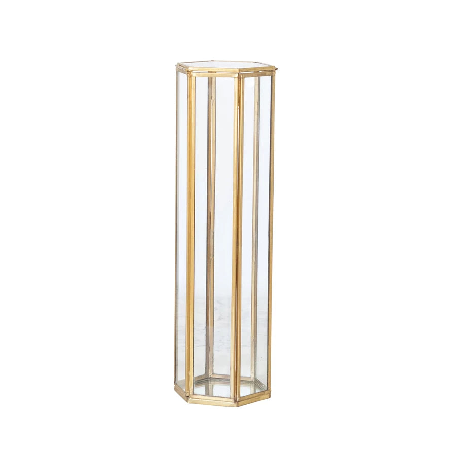Glass & Brass Hexagonal Container with Mirrored Bottom & Lid