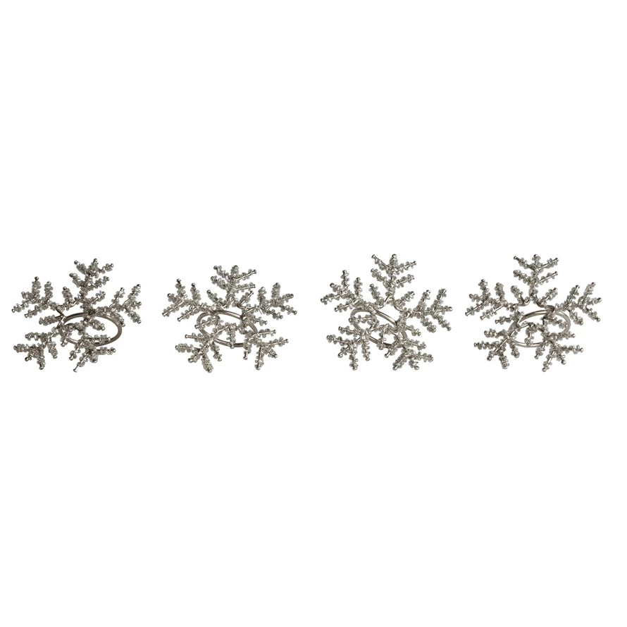 Metal & Glass Beaded Snowflake Napkin Rings, Set of 4 Tied with Jute
