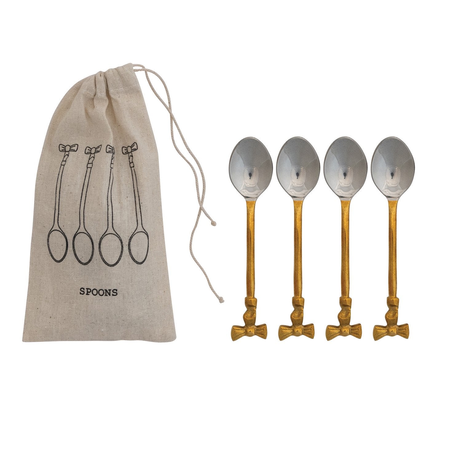 Coffee Spoons with Gold Finish Bow Handles, Set of 4 in Drawstring Bag