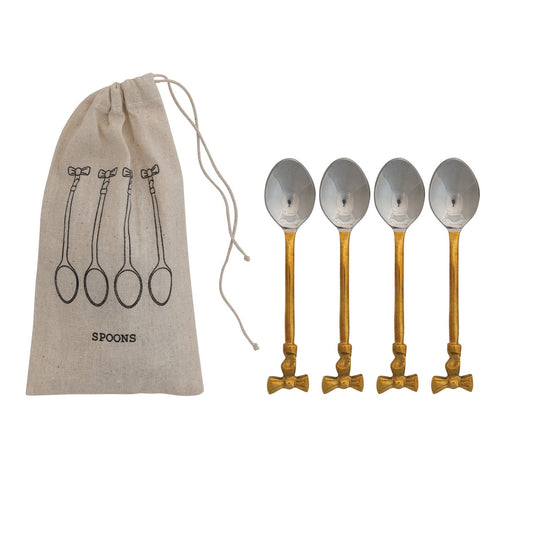 Coffee Spoons with Gold Finish Bow Handles, Set of 4 in Drawstring Bag