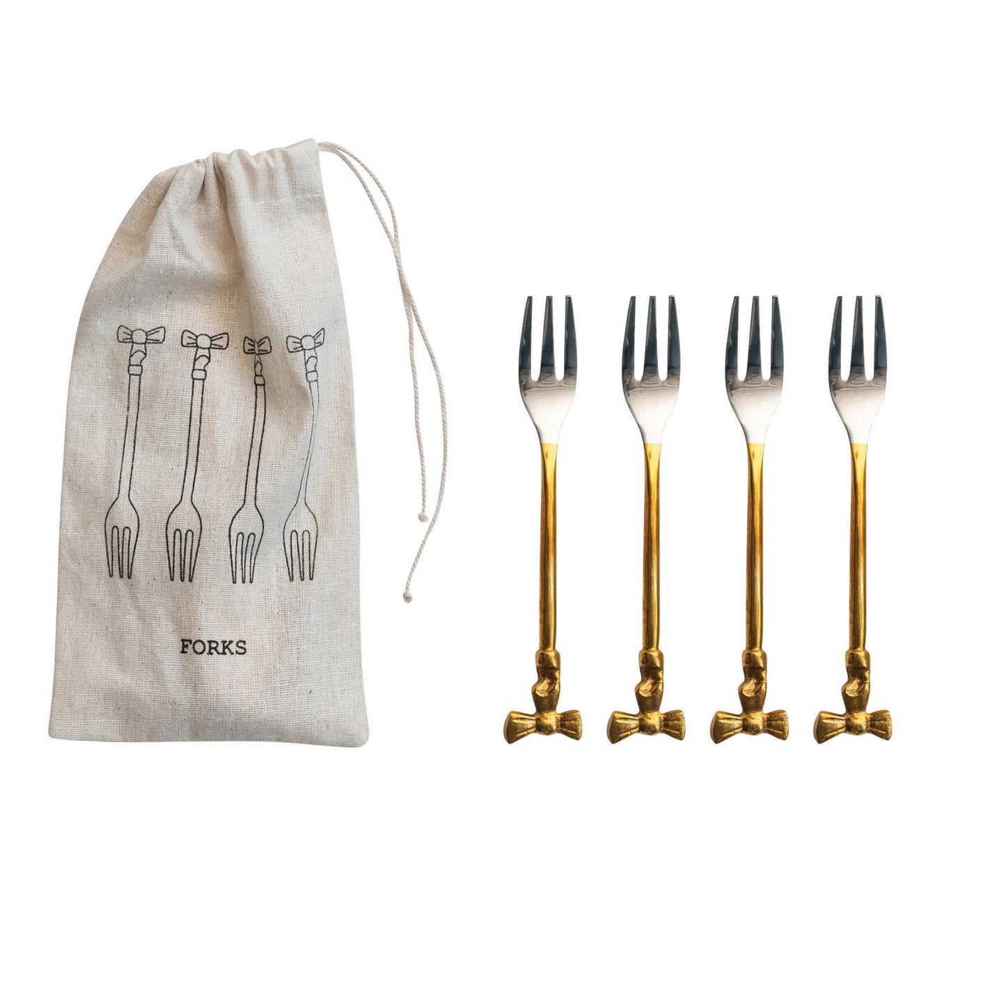 Appetizer Forks with Gold Finish Bow Handles, Set of 4 in Drawstring Bag