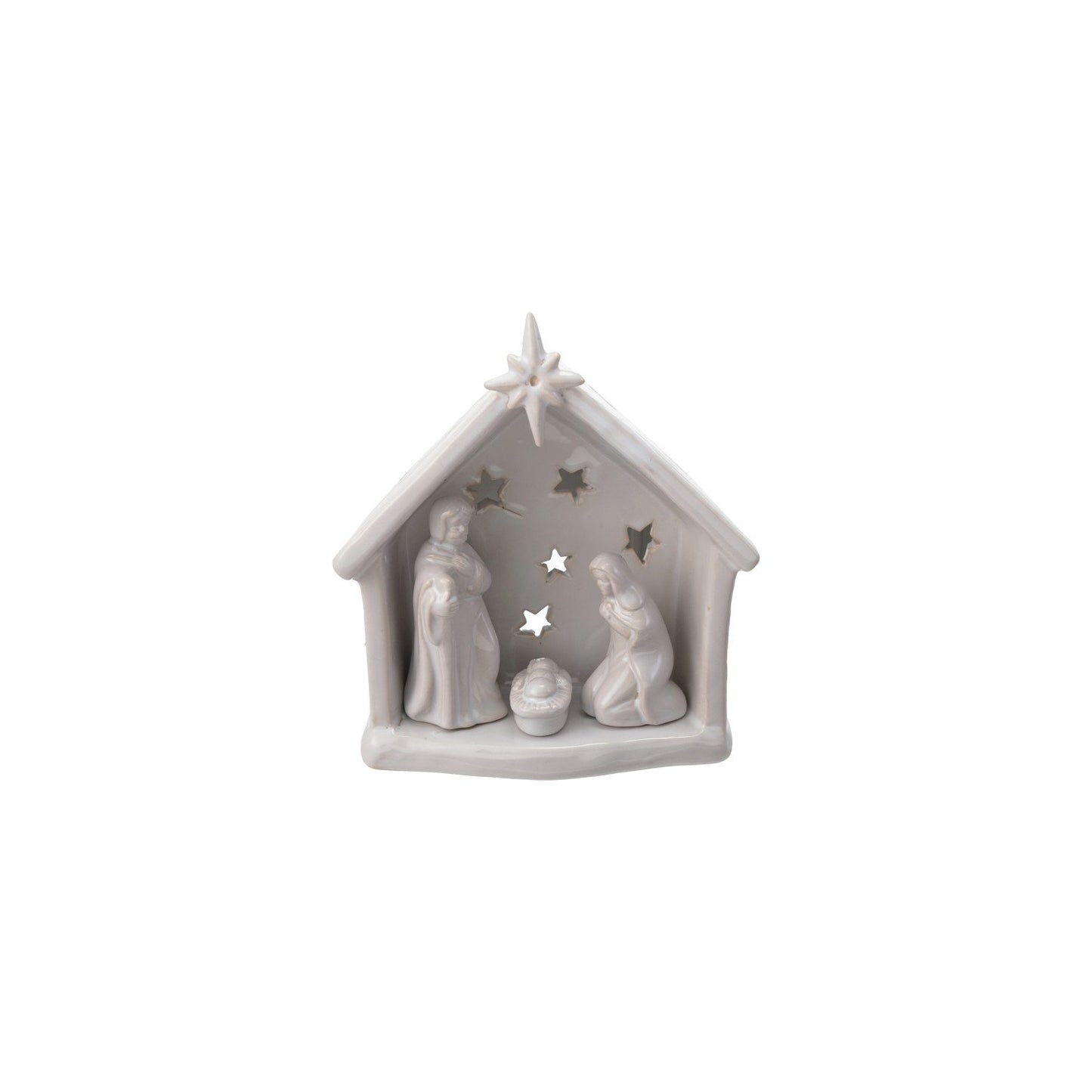 Stoneware Holy Family Tealight Holder with Star Cut-Outs, White