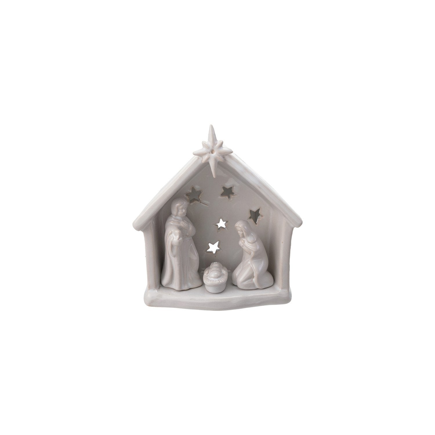 Stoneware Holy Family Tealight Holder with Star Cut-Outs, White