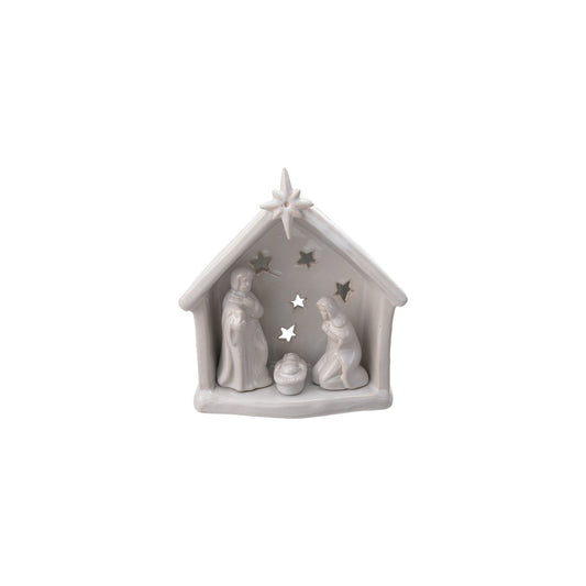 Stoneware Holy Family Tealight Holder with Star Cut-Outs, White