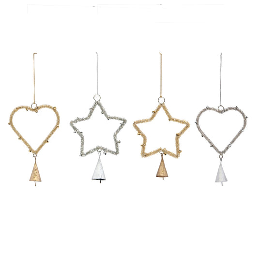 Glass Beaded Metal Star or Heart Ornament with Bell