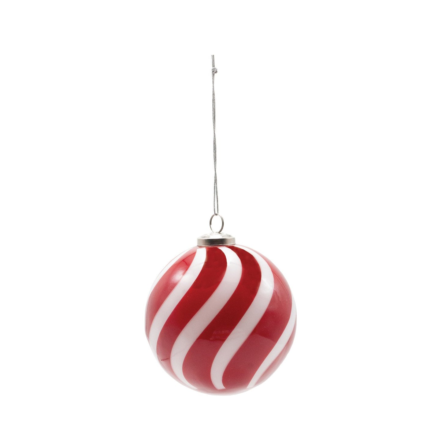 Hand-Blown Glass Ball Ornament with Swirled Stripes, Red & White