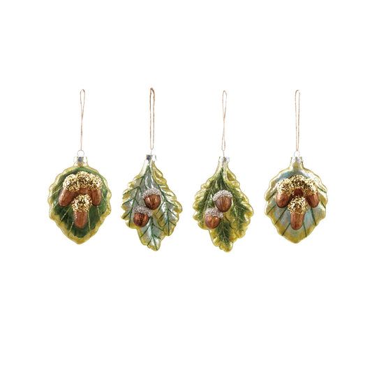 Glass Leaf Ornament W Acorns & Glitter