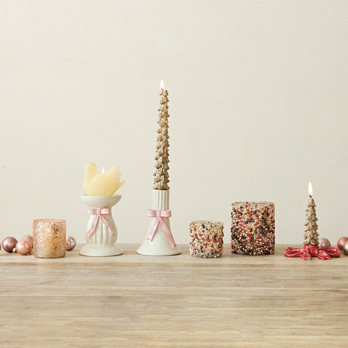 Stoneware Fluted Pillar Holder with Bow