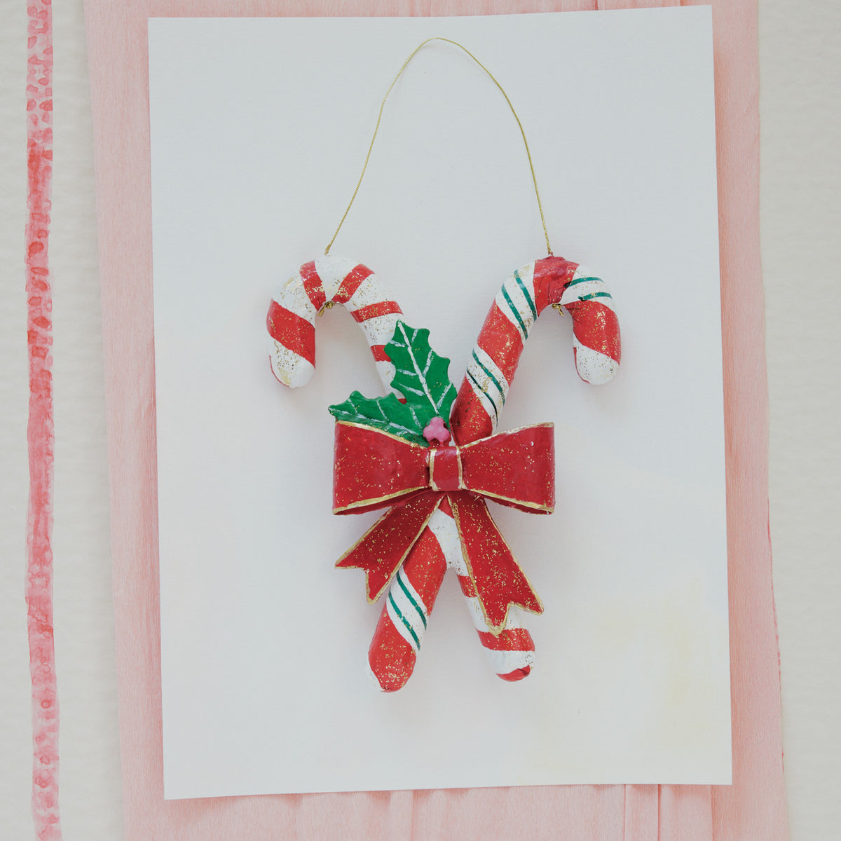 Candy Cane Decor with Bow & Holly Leaves
