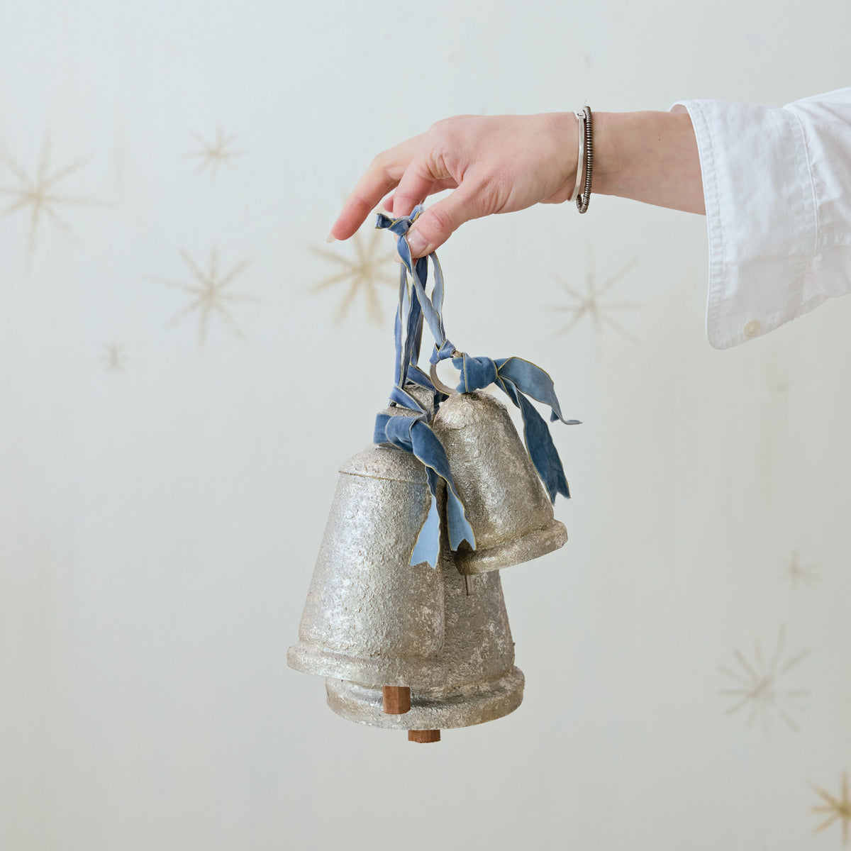 Metal & Wood Bell with Blue Velvet Ribbon