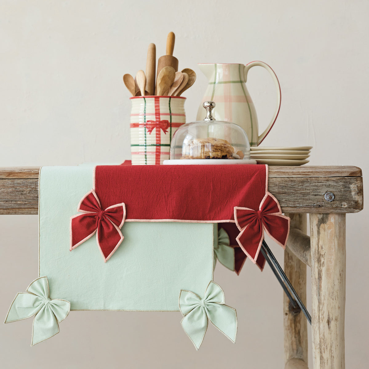 Cotton & Linen Table Runner with Detachable Bows & Metallic Silver Thread Stitched Edges