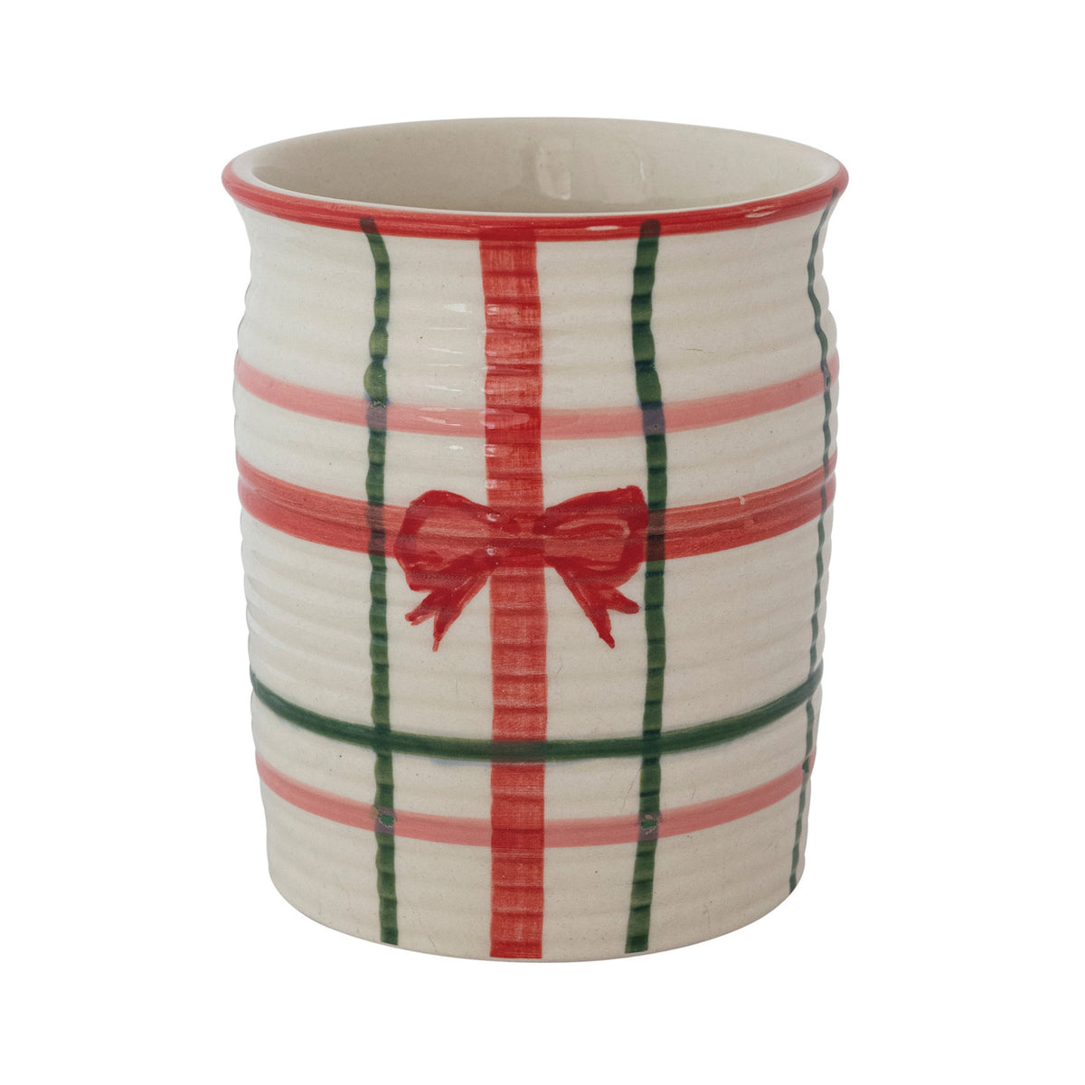Hand-Painted Ribbed Crock with Plaid Pattern