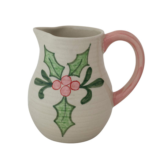 Hand-Painted Stoneware Ribbed Pitcher with Colored Handle