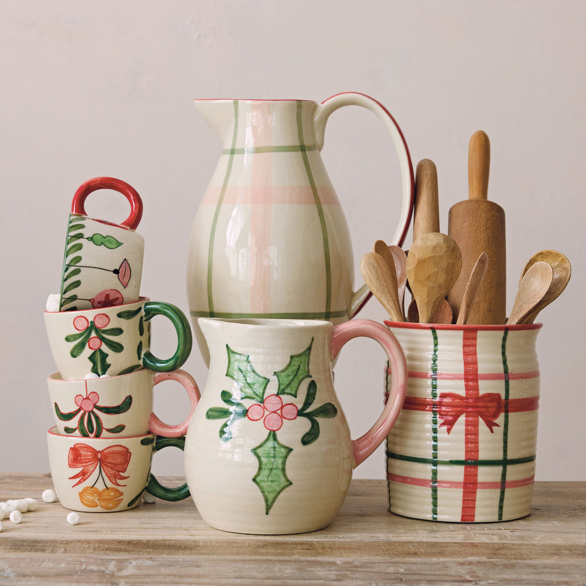Hand-Painted Stoneware Ribbed Pitcher with Colored Handle
