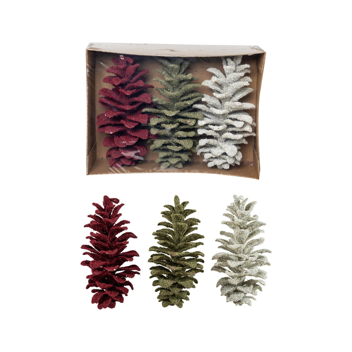 Faux Pinecones with Glitter, White, Green & Burgundy