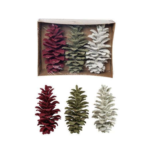 Faux Pinecones with Glitter, White, Green & Burgundy