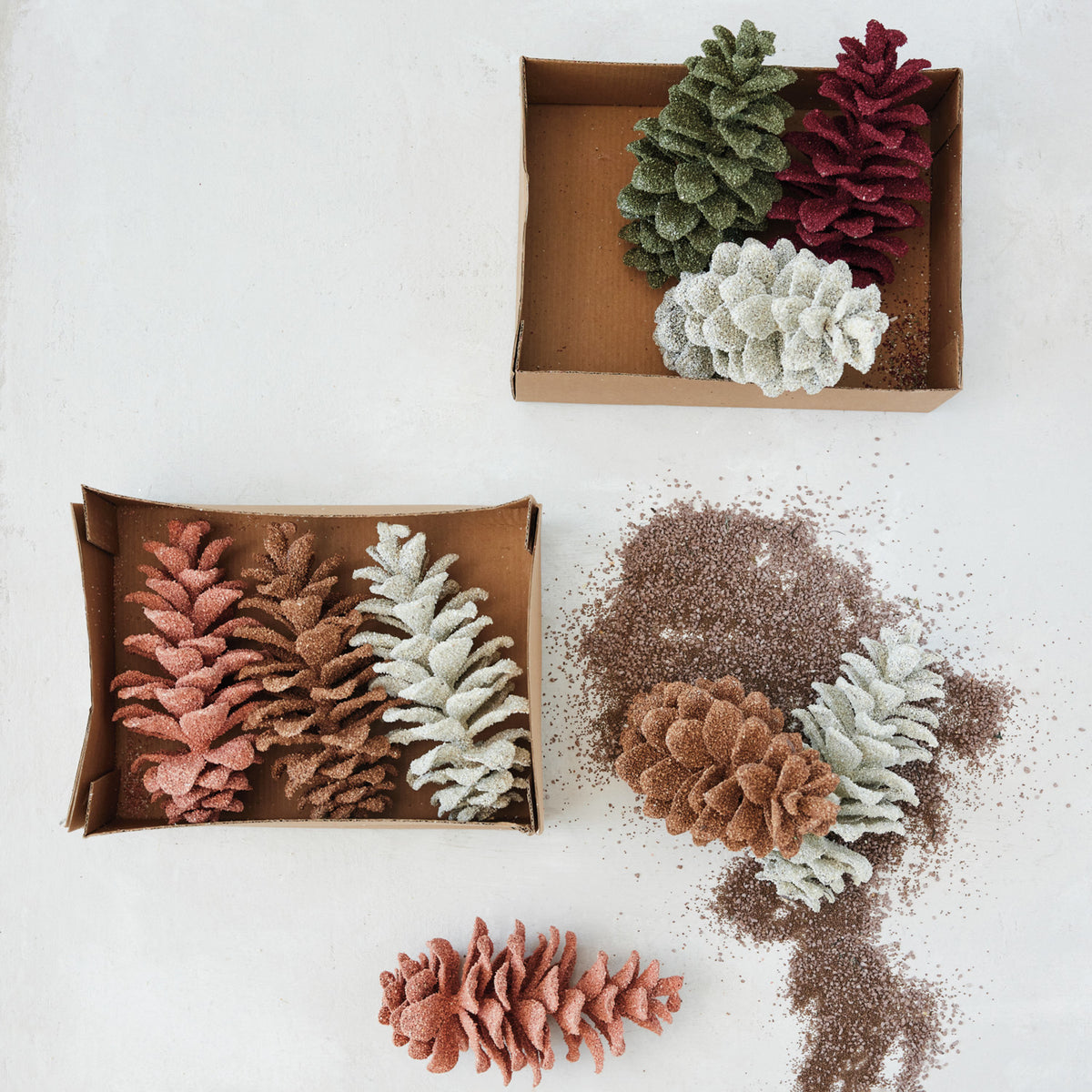 Faux Pinecones with Glitter, White, Green & Burgundy