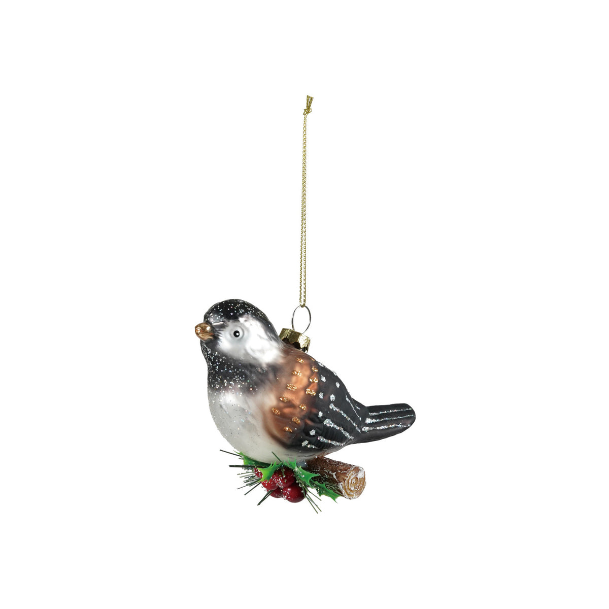 Glass Chickadee on Branch Ornament