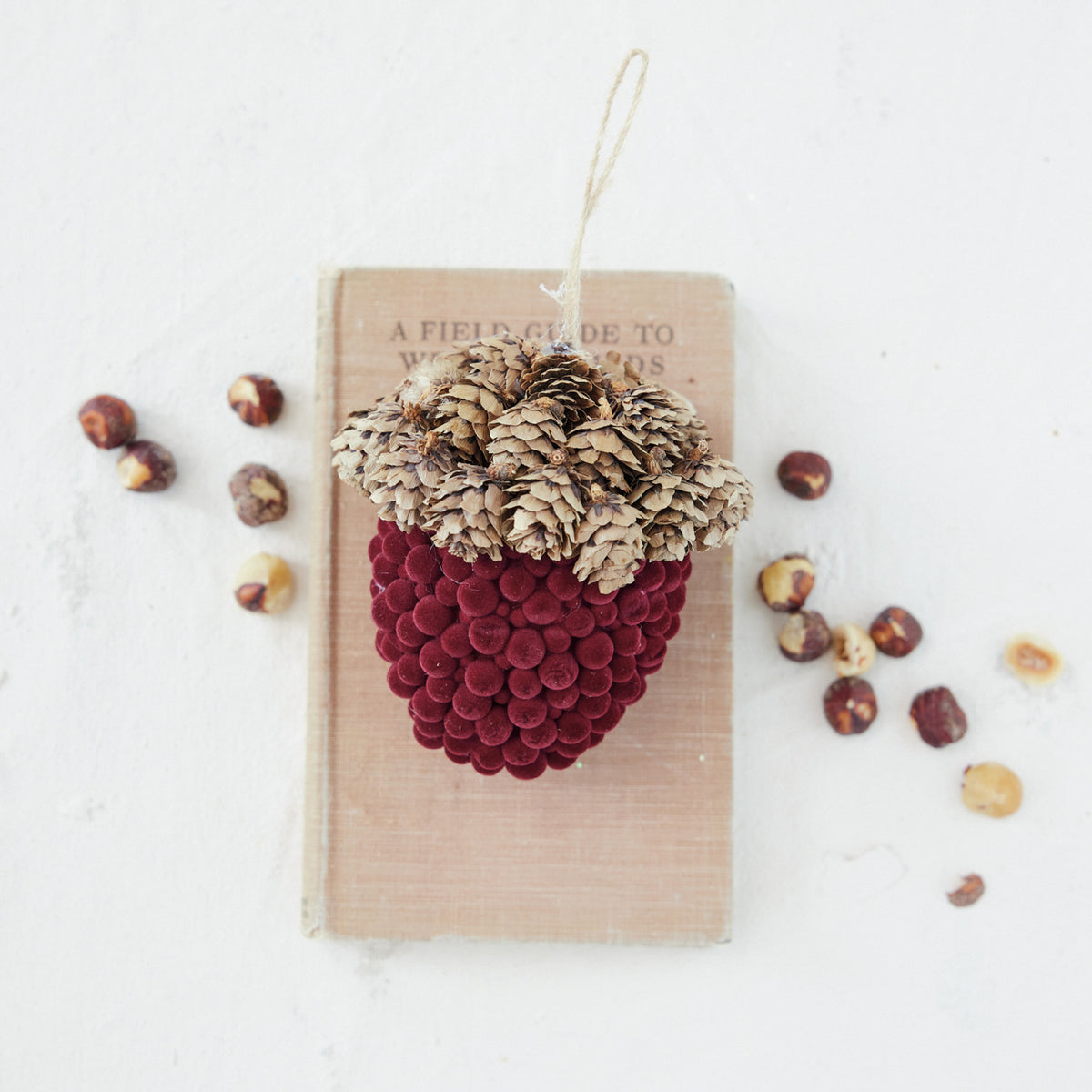 Flocked Foam Ball Acorn Shaped Ornament with Pinecones