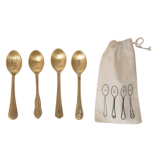 Brass Spoons with Engraved Saying, Set of 4 in Printed Drawstring Bag