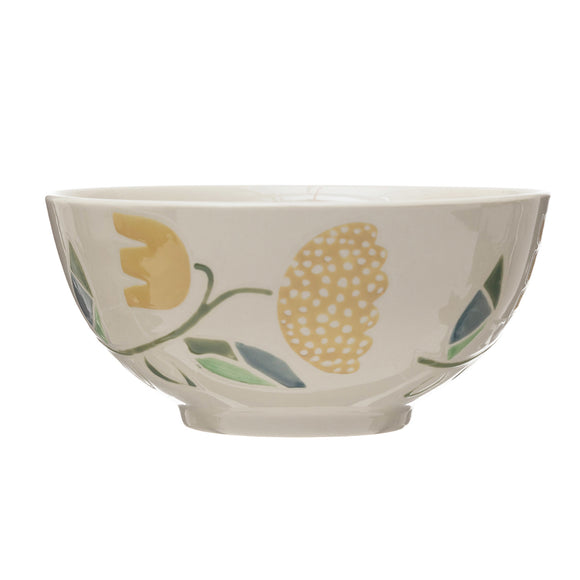 Hand-Painted Stoneware Bowl with Wax Relief Flowers