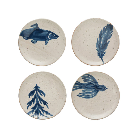 Set of Four Hand Painted Stoneware Plates with Lake Designs